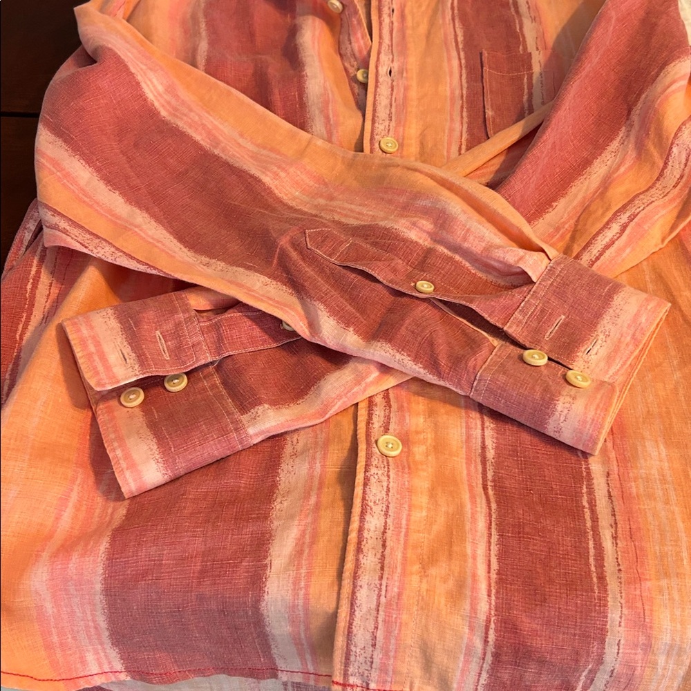 EUC! Tommy Bahama Men's Striped Red/Orange linen Shirt. Large. - Picture 3 of 4